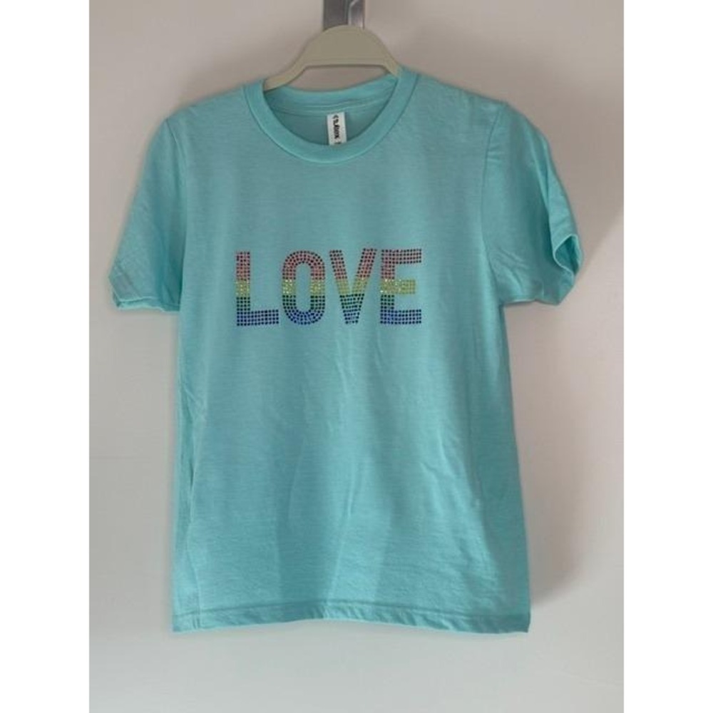 Aqua Blue Love Rainbow‎ Rhinestone Graphic T-Shirt Crewneck Short Sleeve Kids XL